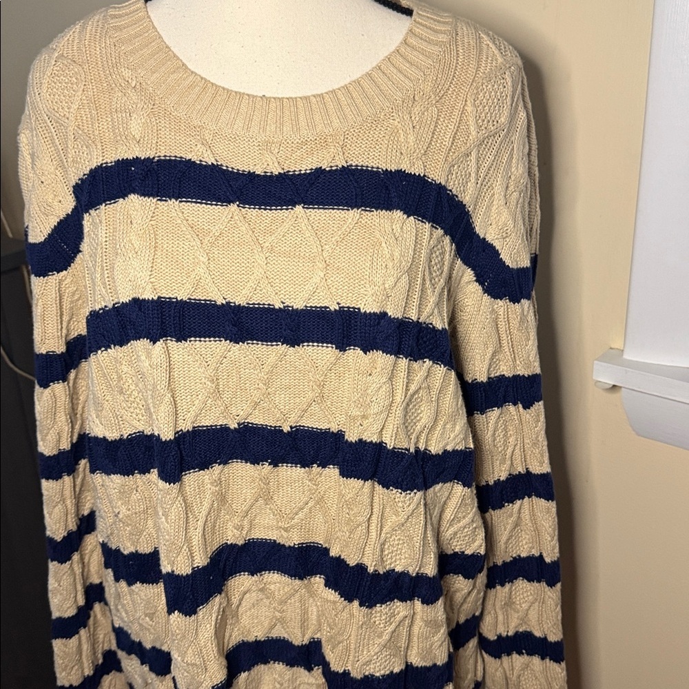 Lands end drifter cable knit tan/blue striped pull over sweater 1X - Picture 2 of 5
